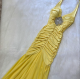 Halter Mermaid Chiffon Satin Long Prom Dresses, Yellow Formal Evening Dresses HZ1024