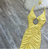 Halter Mermaid Chiffon Satin Long Prom Dresses, Yellow Formal Evening Dresses HZ1024