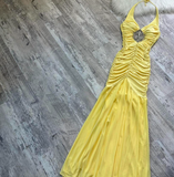 Halter Mermaid Chiffon Satin Long Prom Dresses, Yellow Formal Evening Dresses HZ1024