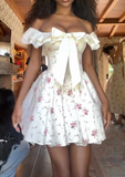 Off-the-shoulder A-line Floral Short Prom Dresses, Floral Homecoming Dresses Sweet Birthday Dresses HZ1024