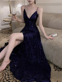 Blue Spaghetti Strap A-Line V-Neck Sequined Long Prom Dress, Adult Ceremony Graduation Evening dress HZ1024
