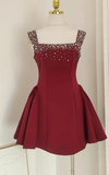 Square Neck A-Line Satin Short Prom Dresses, Burgundy Homecoming Dresses, Sweet Birthday Dresses HZ1024