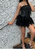 Strapless Bodycon Short Prom Dresses, Black Homecoming Dresses, Sequined Birthday Dresses HZ1024