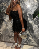 Strapless Bodycon Short Prom Dresses, Black Homecoming Dresses, Sequined Birthday Dresses HZ1024