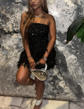 Strapless Bodycon Short Prom Dresses, Black Homecoming Dresses, Sequined Birthday Dresses HZ1024