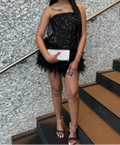 Strapless Bodycon Short Prom Dresses, Black Homecoming Dresses, Sequined Birthday Dresses HZ1024