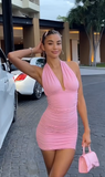V neck Bodycon Chiffon Short Prom Dresses, Pink Homecoming Dresses, Backless Birthday Dresses HZ1024