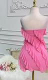 Strapless Sheath Chiffon Short Prom Dresses, Pink Homecoming Dresses Birthday Dresses HZ1024