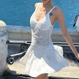 Spaghetti Strap Sheath Chiffon Sequin Short Prom Dresses White Homecoming Dresses Sweet Birthday Dresses HZ1024