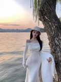 style one-shoulder white long-sleeved knitted fishtail dress HZ1024