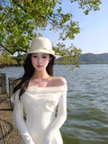 style one-shoulder white long-sleeved knitted fishtail dress HZ1024