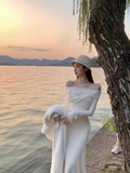 style one-shoulder white long-sleeved knitted fishtail dress HZ1024