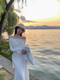 style one-shoulder white long-sleeved knitted fishtail dress HZ1024
