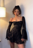 Square Neck Sheath Chiffon Short Prom Dresses Black Homecoming Dresses Long Sleeve Birthday Dresses HZ1024