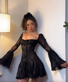 Square Neck Sheath Chiffon Short Prom Dresses Black Homecoming Dresses Long Sleeve Birthday Dresses HZ1024