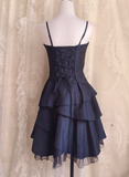 Spaghetti Straps A-line Satin Short Prom Dresses,Navy Blue Homecoming Dresses 18th Birthday Dresses HZ1024