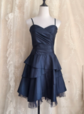 Spaghetti Straps A-line Satin Short Prom Dresses,Navy Blue Homecoming Dresses 18th Birthday Dresses HZ1024