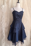 Spaghetti Straps A-line Satin Short Prom Dresses,Navy Blue Homecoming Dresses 18th Birthday Dresses HZ1024