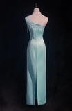 One Shoulder Sheath Satin Prom Dresses, Sky Blue Formal Dresses HZ1024