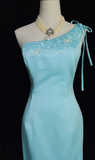 One Shoulder Sheath Satin Prom Dresses, Sky Blue Formal Dresses HZ1024