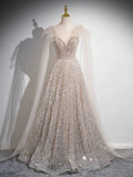 Scoop Neckline Tulle Champagne Long Prom Dress, Champagne Sequin Evening Dress HZ1024