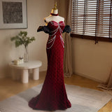 Sweetheart Neck Velvet Beads Long Prom Dress Burgundy Wedding Guest Dress Pretty Birthday Dress HZ1024