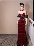 Sweetheart Neck Velvet Beads Long Prom Dress Burgundy Wedding Guest Dress Pretty Birthday Dress HZ1024