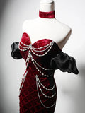 Sweetheart Neck Velvet Beads Long Prom Dress Burgundy Wedding Guest Dress Pretty Birthday Dress HZ1024