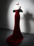 Sweetheart Neck Velvet Beads Long Prom Dress Burgundy Wedding Guest Dress Pretty Birthday Dress HZ1024