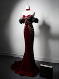Sweetheart Neck Velvet Beads Long Prom Dress Burgundy Wedding Guest Dress Pretty Birthday Dress HZ1024