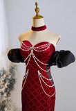 Sweetheart Neck Velvet Beads Long Prom Dress Burgundy Wedding Guest Dress Pretty Birthday Dress HZ1024