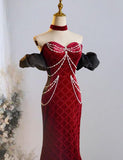 Sweetheart Neck Velvet Beads Long Prom Dress Burgundy Wedding Guest Dress Pretty Birthday Dress HZ1024