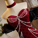 Sweetheart Neck Velvet Beads Long Prom Dress Burgundy Wedding Guest Dress Pretty Birthday Dress HZ1024
