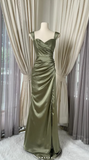 V-neck Sheath Satin Prom Dresses, Oliver Green Formal Evening Dresses HZ1024
