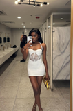 Bodycon Lace Short Prom Dresses, White Homecoming Dresses, Halter Birthday Dresses HZ1024