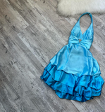 Halter A-Line Satin Short Prom Dresses, Open Back Birthday Dresses, Blue Homecoming Dresses HZ1024