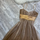 A-line Tulle Short Prom Dresses, Brown Homecoming Dresses, Spaghetti Strap Birthday Dresses HZ1024