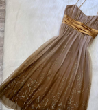 A-line Tulle Short Prom Dresses, Brown Homecoming Dresses, Spaghetti Strap Birthday Dresses HZ1024