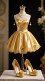 A-line Satin Short Prom Dresses, Gold Homecoming Dresses, Strapless Birthday Dresses HZ1024