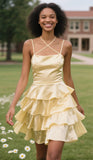 Spaghetti Strap Sheath Satin Short Prom Dresses, Yellow Homecoming Dresses HZ1024