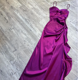 Spaghetti Straps Sheath Satin Long Prom Dresses, Purple Formal Dresses HZ1024
