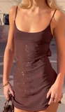 Sheath Chiffon Short Prom Dresses, Chocolate Homecoming Dresses, Spaghetti Strap Birthday Dresses HZ1024