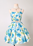 Spaghetti Strap A-line Blue Homecoming Dress Floral Birthday Dresses HZ1024