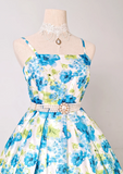 Spaghetti Strap A-line Blue Homecoming Dress Floral Birthday Dresses HZ1024