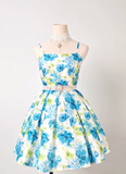 Spaghetti Strap A-line Blue Homecoming Dress Floral Birthday Dresses HZ1024