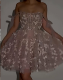 Off-the-shoulder A-Line Tulle Applique Short Prom Dresses, Pale Pink Homecoming Dresses HZ1024