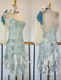 Spaghetti Strap Sheath Beaded Chiffon Short Prom Dresses, Blue Backless Homecoming Dresses HZ1024