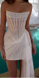 Strapless Bodycon Beaded Tulle Short Prom Dresses, White Homecoming Dresses HZ1024