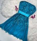 Strapless Sheath Beaded Chiffon Short Prom Dresses, Blue Homecoming Dresses HZ1024