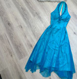 Halter Sheath Chiffon Beaded Short Prom Dresses, Blue Homecoming Dresses HZ1024